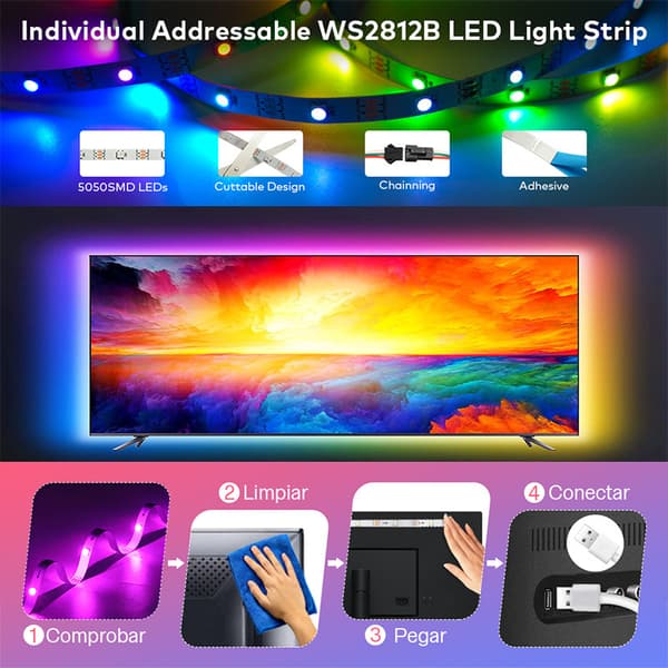 LED-strips Bluetooth WS2812b iriserende lys, 18 lysdioder/m Ambient USB-lys (2 meter)