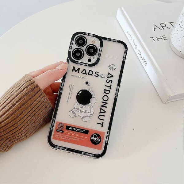 til iPhone 14 Pro Max Klart Sødt Cover, Cool Tegneserie Astronaut Rumraket Måne Design Stilfuld Bumper (Sort Mars, iPhone 14 Pro Max)[J]