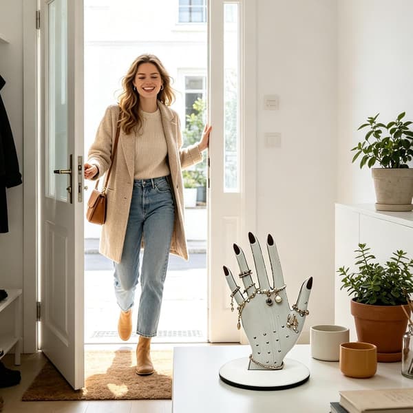 Estetiskt tilltalande och bärbart ringställ i trä – Handformat ställ för hemmabruk 12*178cm (J)