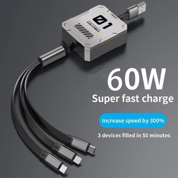 6-i-1 Multi Retractable USB-telefon 60W Snabbladdning och Datakabel
