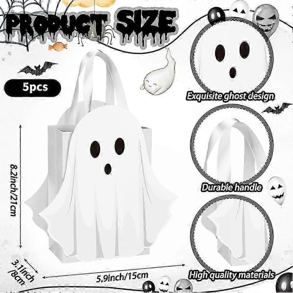 Halloween Spökgodisväskor för Godis & Snacks | 5-pack Vita Pappersfestväskor White
