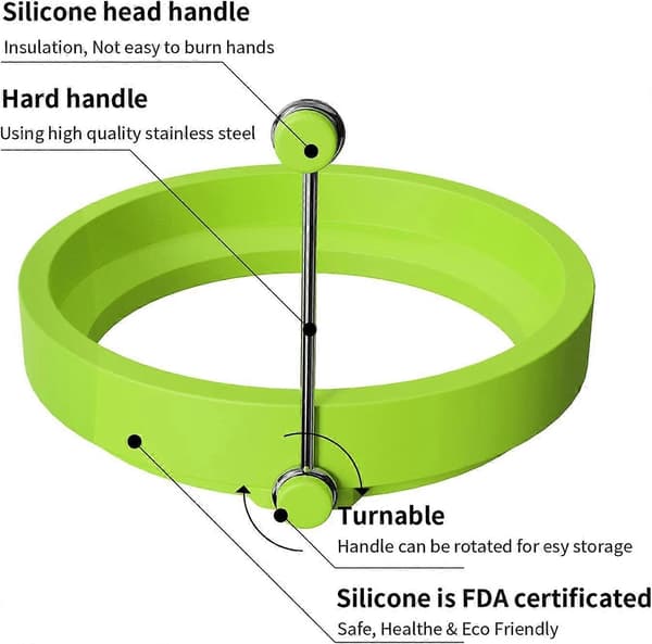 4 stk silikon eggeringform, non-stick pannekakeform kokering rund med håndtak (grønn)