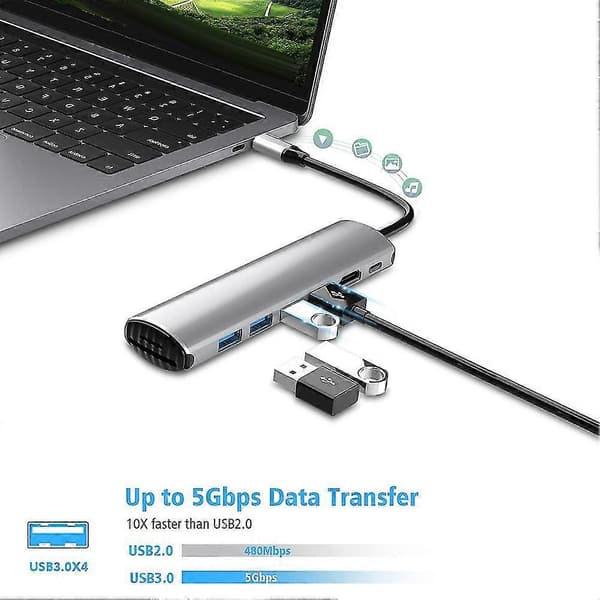 USB C Hub-adapter, 8-i-1 USB C-dokkingstasjon med USB C-lading, 4 USB 3.0 USB-A-porter, SD/TF-kort