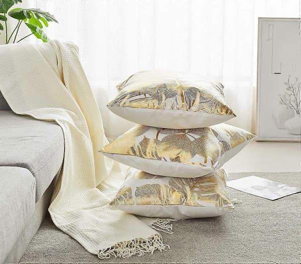 Pakke med 4 dekorative pudebetræk med guldstempling blade 45 x 45 cm til sofa soveværelse ca [XR][J]