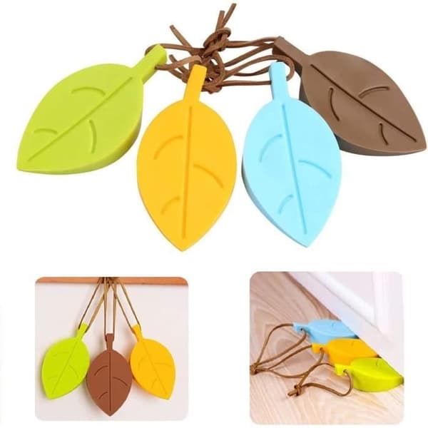 Dørstoppere, 4 stk. dekorative bladformede silikondørstoppere med stropp, 9,5 x 5 cm green, yellow, blue, brown
