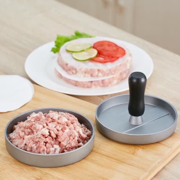 Hamburgerpress för köttfärs + 100 vaxpapper - 11,5 cm diameter, non-stick aluminium