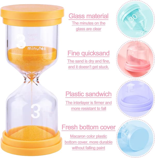 Farver Timeglas Timer, 3, 5, 10, 15 og 30 minutter, Timeglas Køkken Timer, Farvekodet Timeglas Ur, Visuelt Undervisningshjælpemiddel til Klasseværelset, Designet til