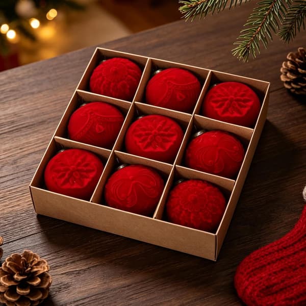 Julkulor Set med 9 Okrossbara Flockade Ornament 8 cm Diameter (JJ)