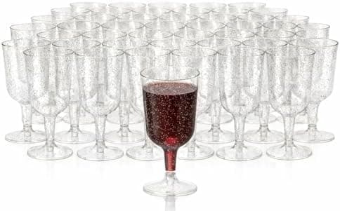 Matana - 48-pack multifunktionella klara vinglas i plast för bröllopsdag, trädgårdsgrill - 180 ml silverglitter[J] silver glitter 50-pack