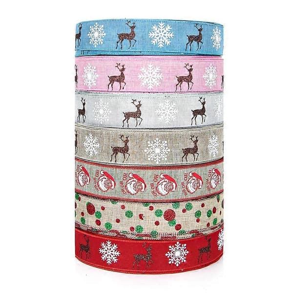 Julband i linne med snöflinge-, älg- och jultomtemönster - DIY presentinslagning, 2 meter