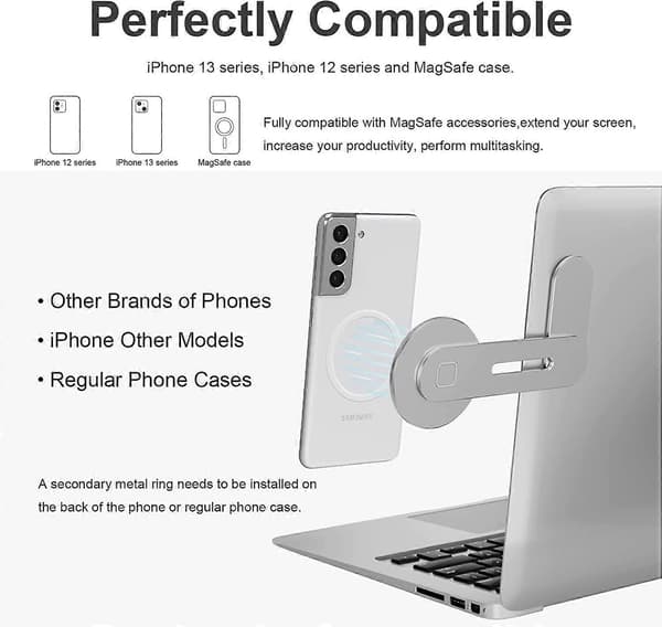 Magnetisk bærbar telefonholder til bærbar computer, MagSafe-tilbehør, foldbar og justerbar computerskærm side telefonholder til iPhone 13 Pro Ma[J] Silver