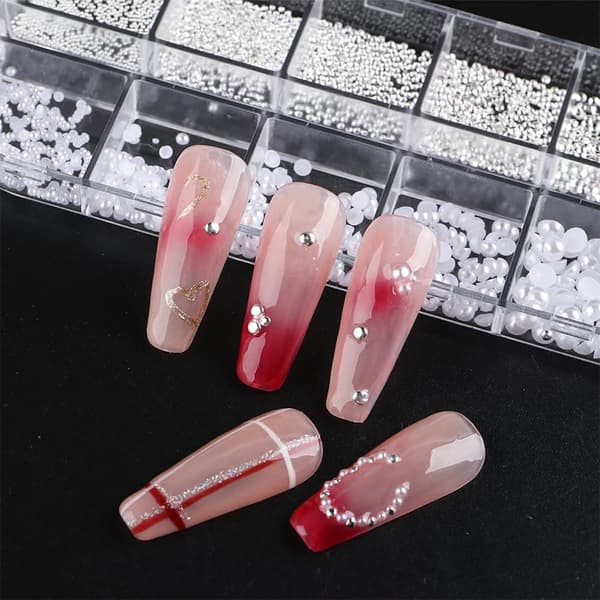 3D neglekunst sjarm - 12 rom Rhinestones, halvsirkulære perlekuler, små rustfrie stålkuler, kaviar[J]