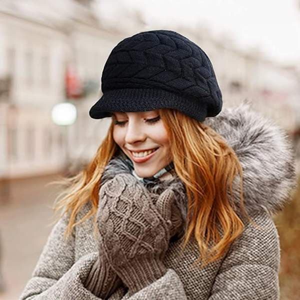 2-pack Dam Vinter Varm Stickad Mössa Slouchy Beanie med Skärm