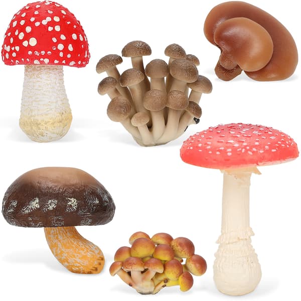 6 miniature svampe i resin, 4,5 til 7,5 cm Fe-havesvampetilbehør