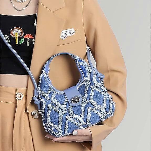 Axelväskor för kvinnor, quiltad crossbody i sliten jeanstyg, clutchväska [J]