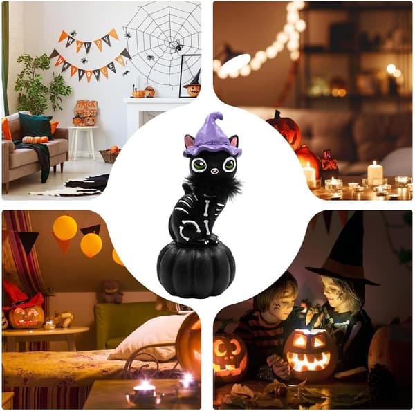 Halloween sort kattefigur, skræmmende sort kattepynt lavet af harpiks (J)