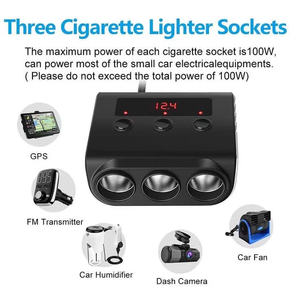 Cigarettænder splitter + 12V USB biloplader med afbryder og voltmeter – 3x cigaretstik – 4x USB – Biltilbehør