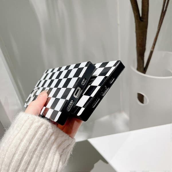 Firkantet ternet telefoncover til iPhone 14 Pro Max Sort Hvid Gitre Plaid Skakbræt Slankt Blødt Klassisk Kuffertdesign iPhone 14promax 6.7[J]