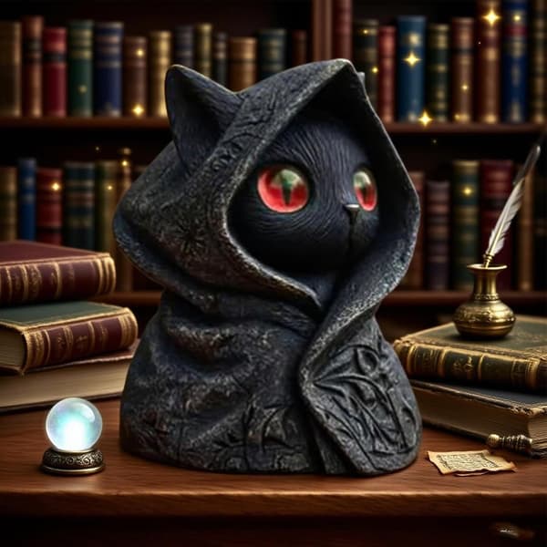 Resin kattefigurer, mystisk og skummel hettekatt, mini dyrefigurer, morsom samlerstatue (J)