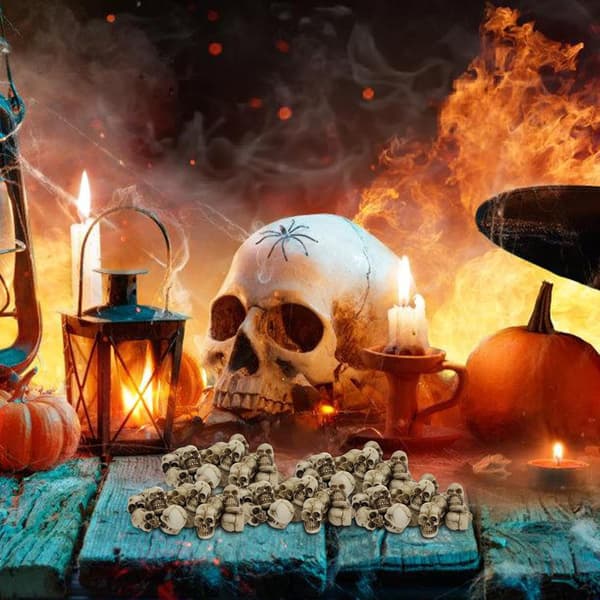 Gotisk skjeletthode-dekorasjon – Miniatyr samlefigur for Halloween-dekor (J)