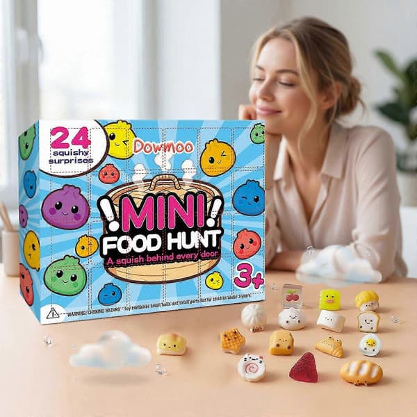 Mini Mat Squishy Adventskalender 2026, 24 Dager Jul Nedtelling Blindboks Fidget Leker, Festgave til Gutter Jenter Alder 3+ 1 Box