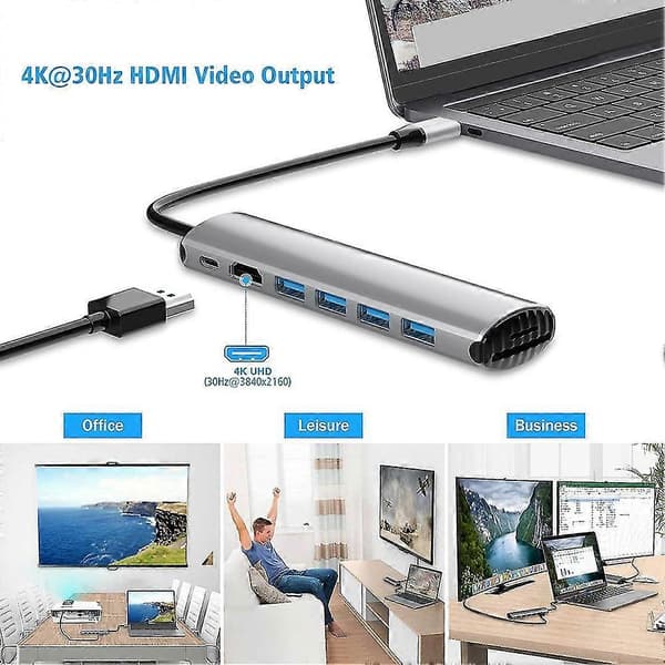 USB C Hub-adapter, 8-i-1 USB C-dokkingstasjon med USB C-lading, 4 USB 3.0 USB-A-porter, SD/TF-kort