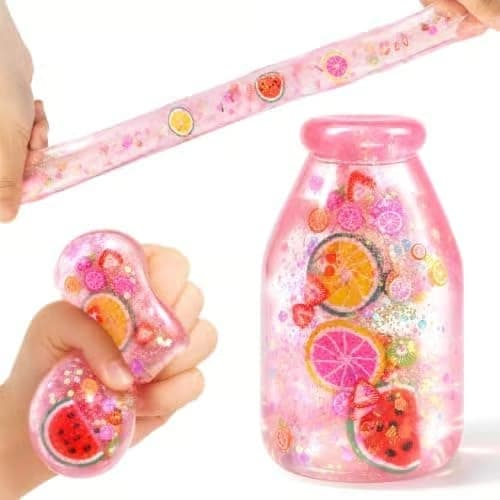 Flaska Squishy Leksak, Långsamt Stigande Stressbollar, Fyllda med Fruktskivor och Glitter, Nyhet Sensoriska Leksaker, Kontor Klassrum Green