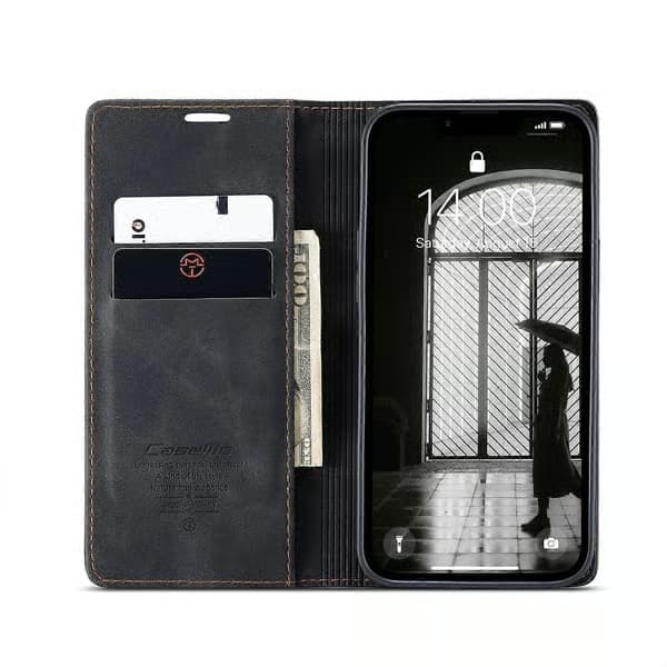 För iPhone 16e Plånboksfodral CASEME 013 Series PU Läder Telefonfodral Stativ Black