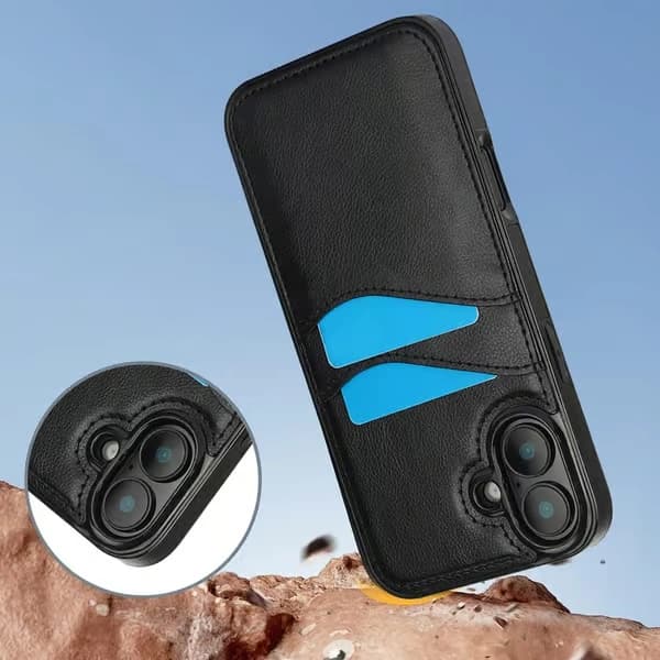 iPhone 16 Fodral med Kortplats Läder Svart