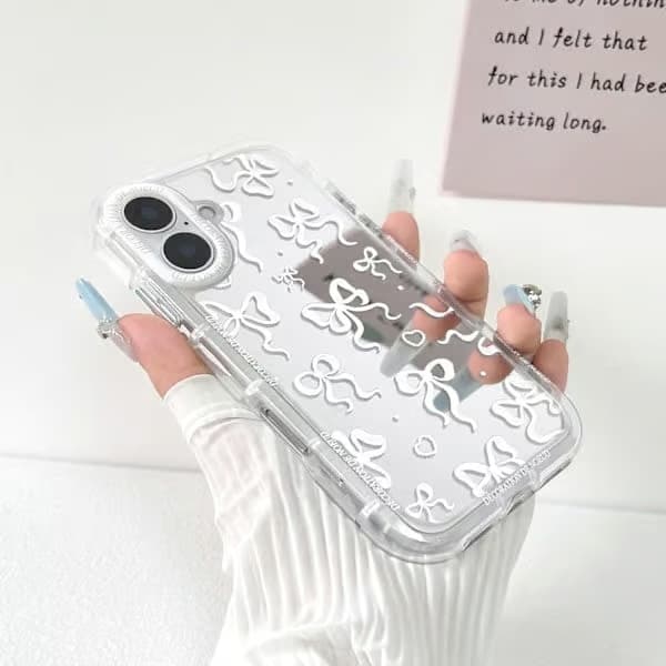 iPhone 16 Plus-deksel - Søtt speil med sløyfe og hjertemønster, bånddesign, støtsikker beskyttelse for kvinner og jenter iPhone 16 Plus iPhone 16 Plus