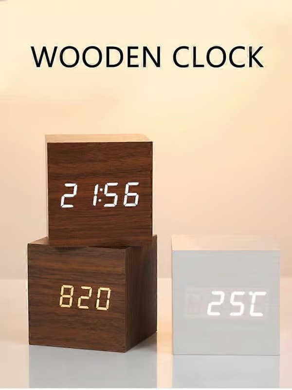 LED Digital Väckarklocka Träimitation Bordsklocka Nattlampa Termometer Snooze Väckarklocka DE FP Bamboo