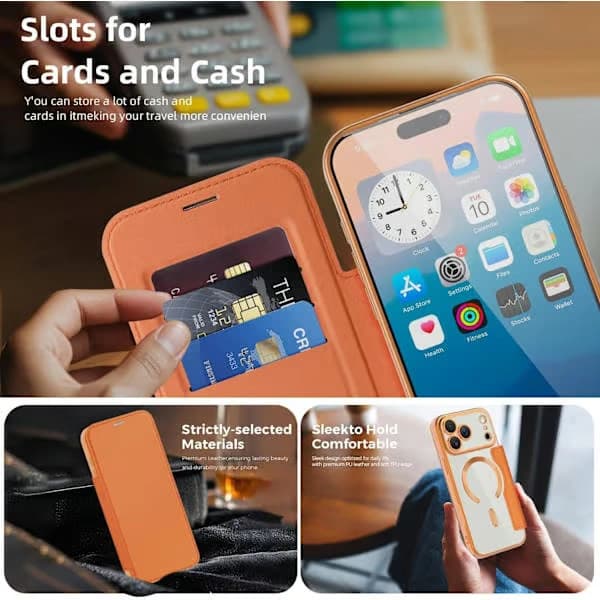 Plånboksfodral för iPhone 17 Pro Max - Flip PU-läder med RFID-blockering, magnetisk baksida, orange