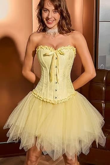 Korsetttoppar för kvinnor, Bustier Shapewear Underkläder, Spets Midja Push Up Bodysuit yellow M