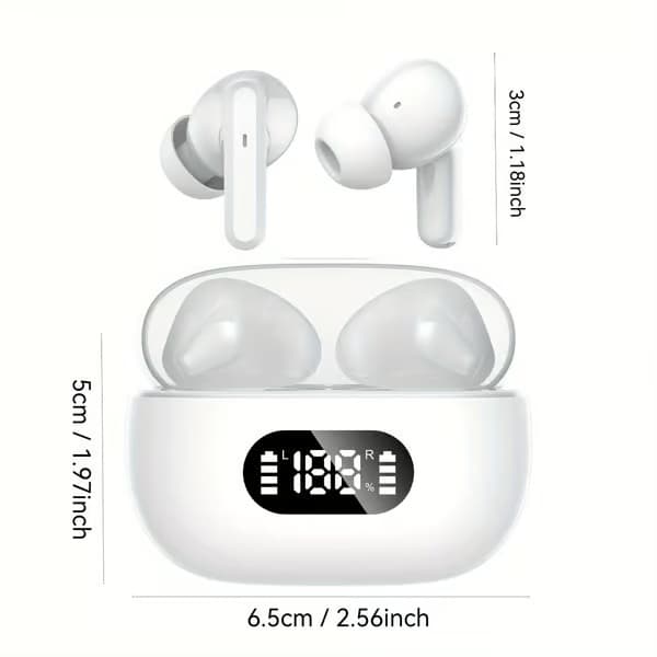 Trådlösa Bluetooth In-Ear-hörlurar med LED-laddningsfodral och mikrofon Vit