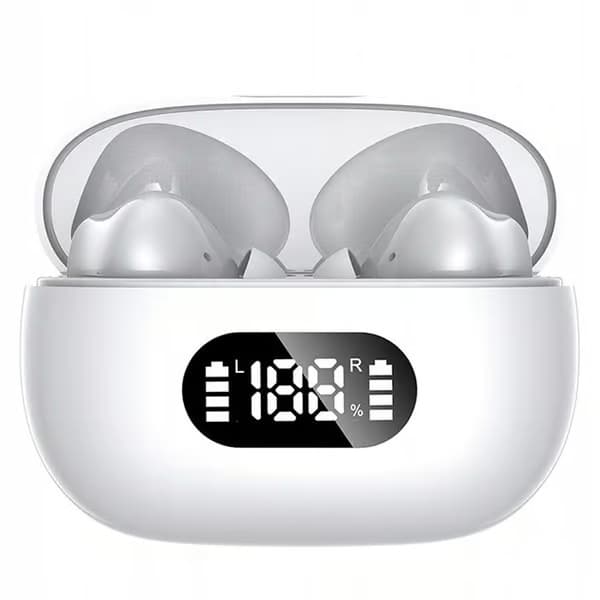 Trådlösa Bluetooth In-Ear-hörlurar med LED-laddningsfodral och mikrofon Vit