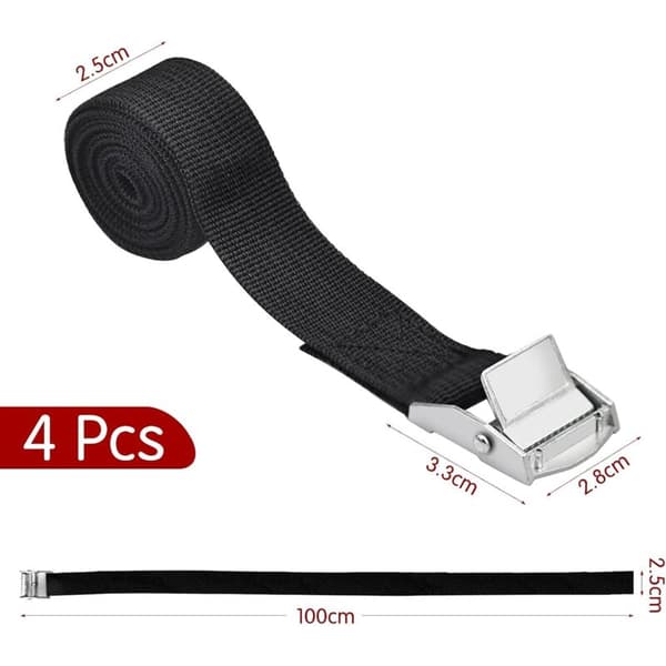 Set med 4 svarta spännband, 100 x 2,5 cm, med spänne.