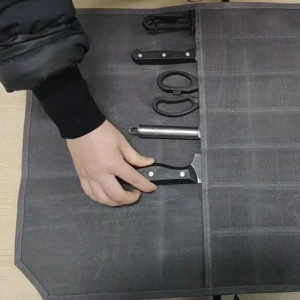 Knivväska - Vaxad Canvas Kockväska - 7 Knivfack - (Grå)