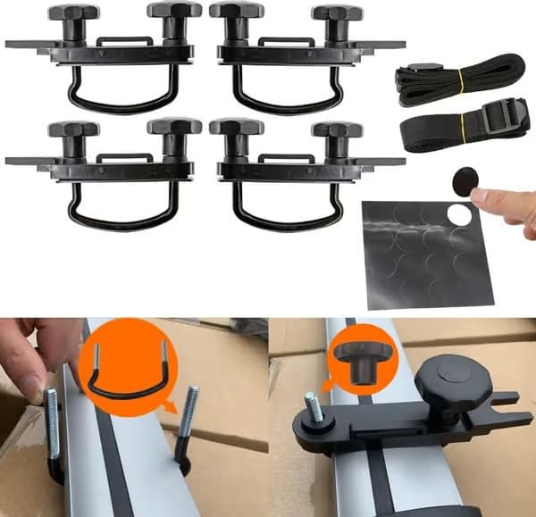 4-delars universell U-bultsklämma för takbox - 83 mm innerbredd, utrustad med 8 låsmuttrar och 2 remmar