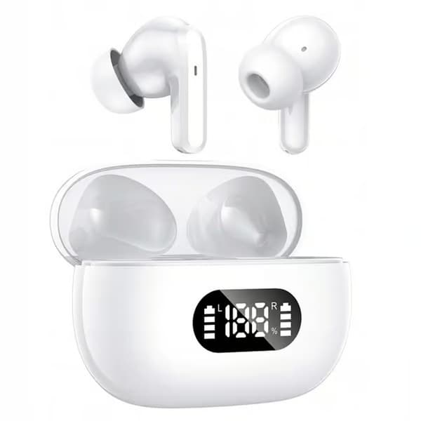 Trådlösa Bluetooth In-Ear-hörlurar med LED-laddningsfodral och mikrofon Vit