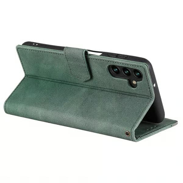Samsung Galaxy A17 5G Plånboksfodral i Läder med Sömmar och Handledsrem Green