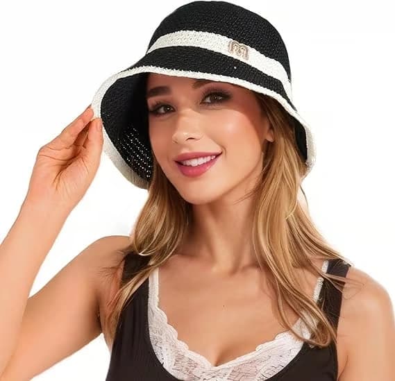 Solhatt i halm för kvinnor - Sommarhatt med bred brätte UV-skyddande strandhatt