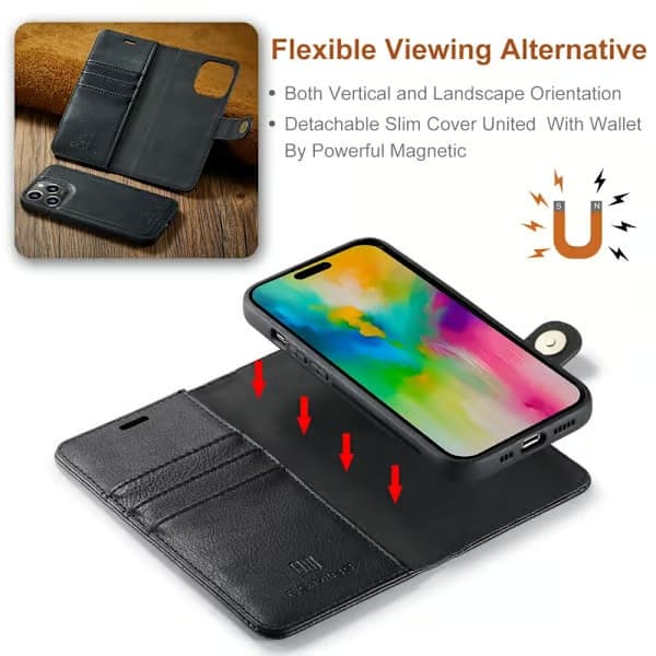 Passar för iPhone 16 två-i-ett magnetiskt delbart mobilfodral i läder iPhone16