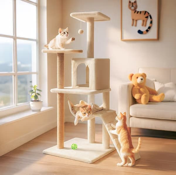Kradsetræ til kat, hus med legetøj, højt, 6 niveauer, seng, Comfort Line beige