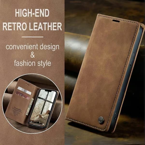 För iPhone 16e Plånboksfodral CASEME 013 Series PU Läder Telefonfodral Stativ Brown
