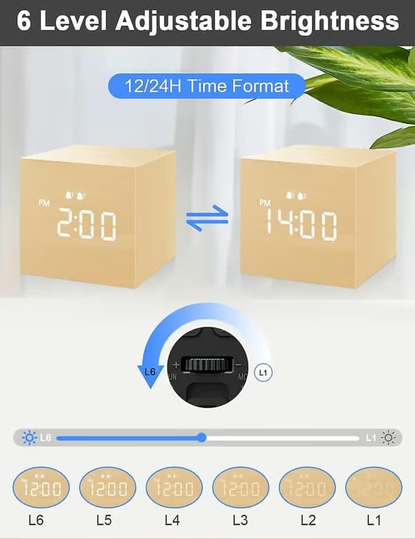 SCSYV Digital Väckarklocka, med LED-display i trä, dubbla larm, 2,5 tums kubisk liten miniklocka för sovrum, nattduksbord Yellow