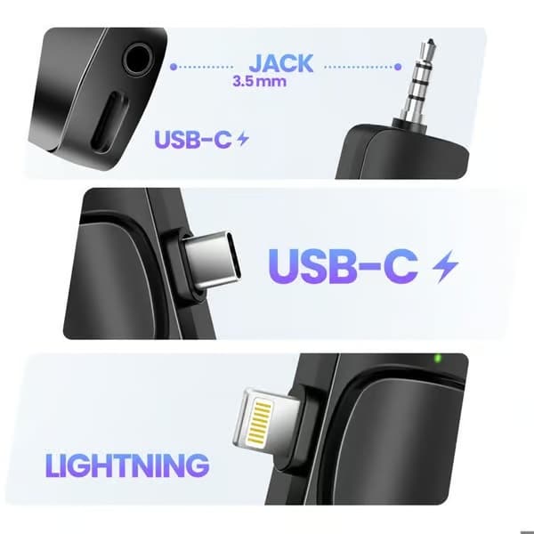 Trådlös myggmikrofon - 2-pack - USB-C, Lightning, 3,5 mm-uttag - Vindskyddad - 6 timmars batteritid