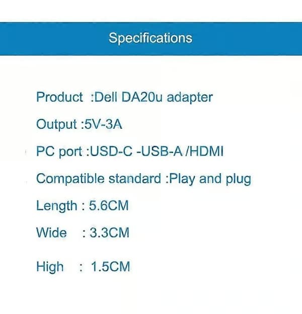 Dell DA20U Adapter-USB-C till HDMI/USB-A - Plug and play
