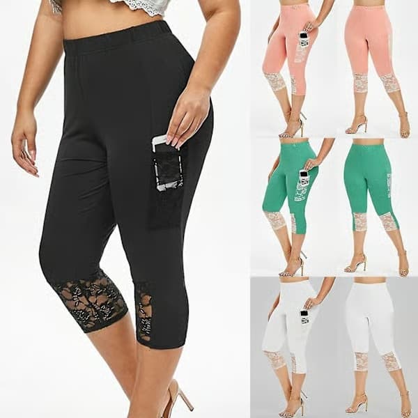Capribyxor för kvinnor, smala leggings med spets, elastiska yogabyxor Black L