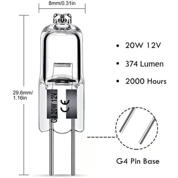 G4 Halogenlampor 20W 12V - Varmvitt ljus - 10-pack