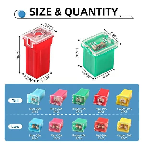20-pack sortimentssats med bilsäkringar, hög/standard och lågprofilsboxsäkringar för pickuper, ca.